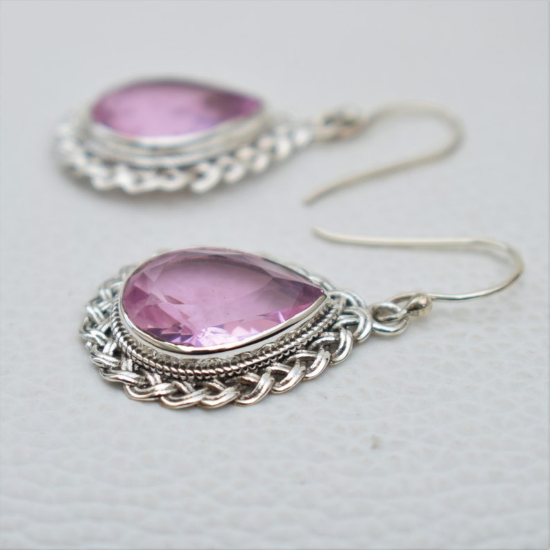 Pink Quartz Earrings-Handmade Silver Earrings-925 Sterling Silver-Teardrop Pink Quartz Designer Earrings-Dangle Drop Earrings