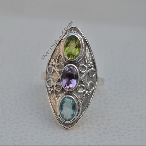 Natural Multistone Ring, Blue Topaz Peridot Amethyst Ring, Handmade Ring, 925 Sterling Silver Ring, Designer Ring, Anniversary Ring