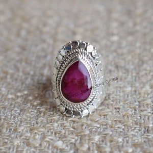 Ruby Ring, Handmade Silver Ring for Her, 925 Sterling Silver Ring, Designer Teardrop Ruby Ring, Red Gemstone Ring, Gift for Women