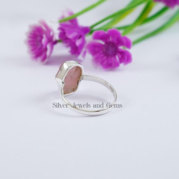 Natural Raw Rose Quartz Ring, Handmade 925 Sterling Silver Ring