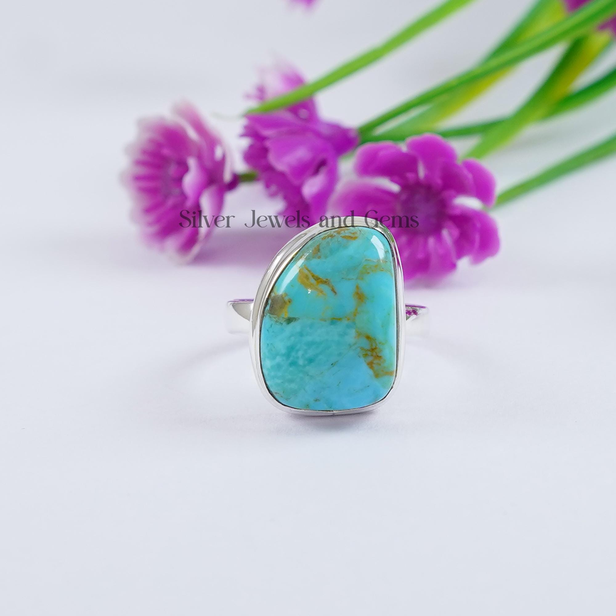 天然アリゾナターコイズリング、925スターリングシルバーリング