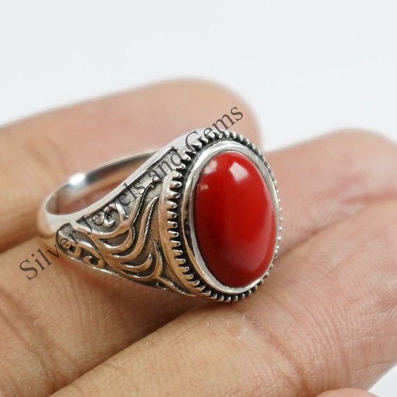 coral ring silver 925 コーラルリング Coral Ring-handmade Silver Ring-925 Sterling Silver Ring-oval