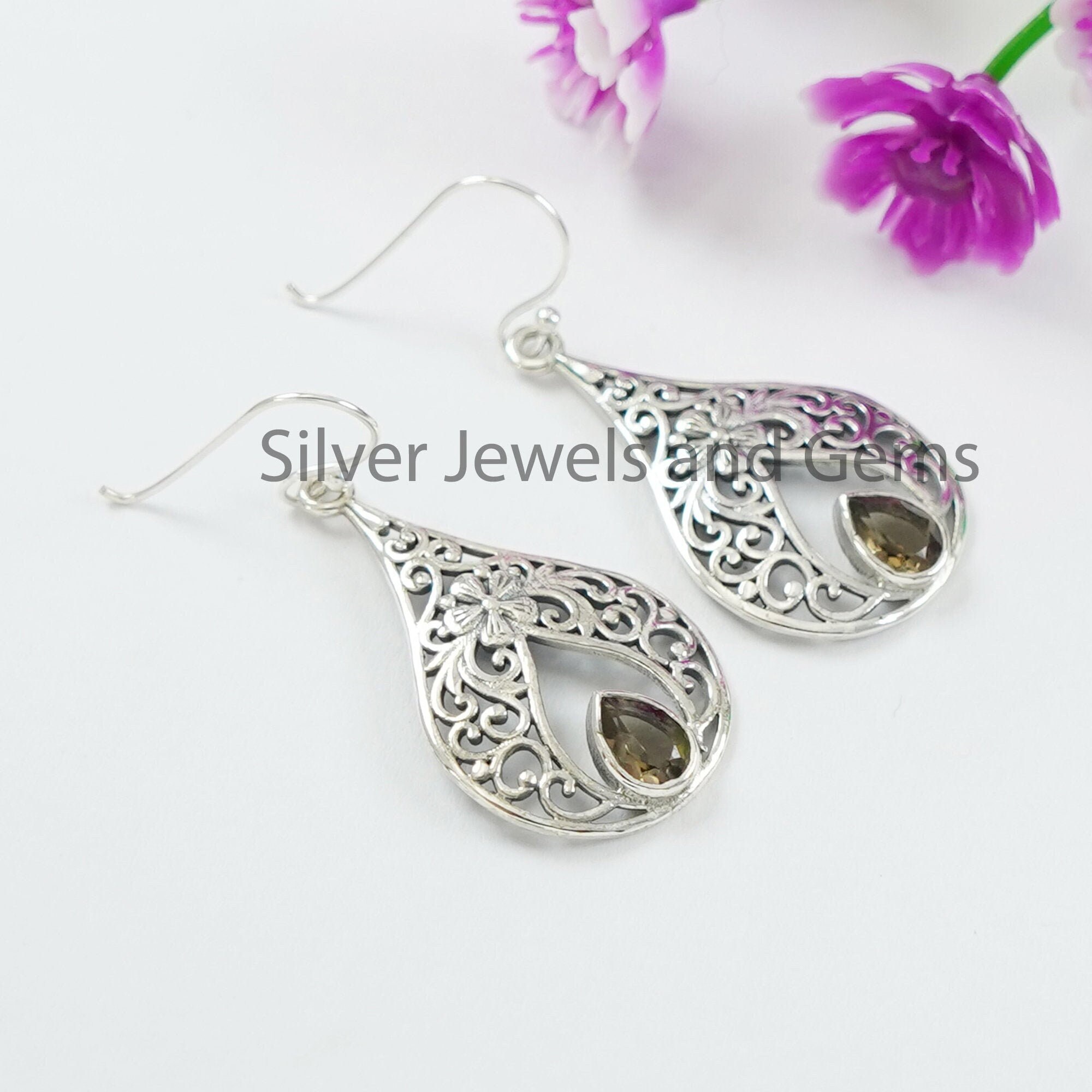 Boucles D'oreilles Pendantes Fait Main En Argent Sterling 925 Et Topaze Fumée Naturelle, Forme Larme