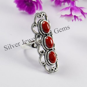 Coral Ring, 925 Sterling Silver Ring, Oval Coral Designer Ring, Gift for her, April Birthstone, Multi Stone Ring, Handmade Ring
