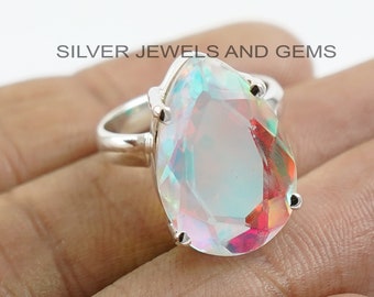 Angel Aura Quartz Ring, Handmade 925 Sterling Silver Ring, Teardrop Aura Quartz Ring, Gift for Girls, Gemstone Ring