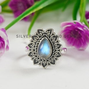 Natural Rainbow Moonstone 925 Sterling Silver Ring, Gift for Mother, Teardrop Gemstone Ring, Anniversary Ring, Boho Ring, Handmade Ring