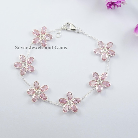 Pink CZ Flower Bracelet, 925 Sterling Silver Bracelet, Oval