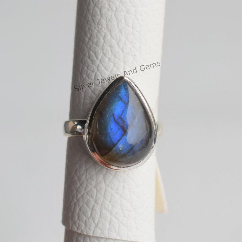 Natural Labradorite Ring-Blue Fire Labradorite Ring-Handmade Silver Ring-925 Sterling Silver Ring-Teardrop Labradorite Ring-Promise Ring image 4