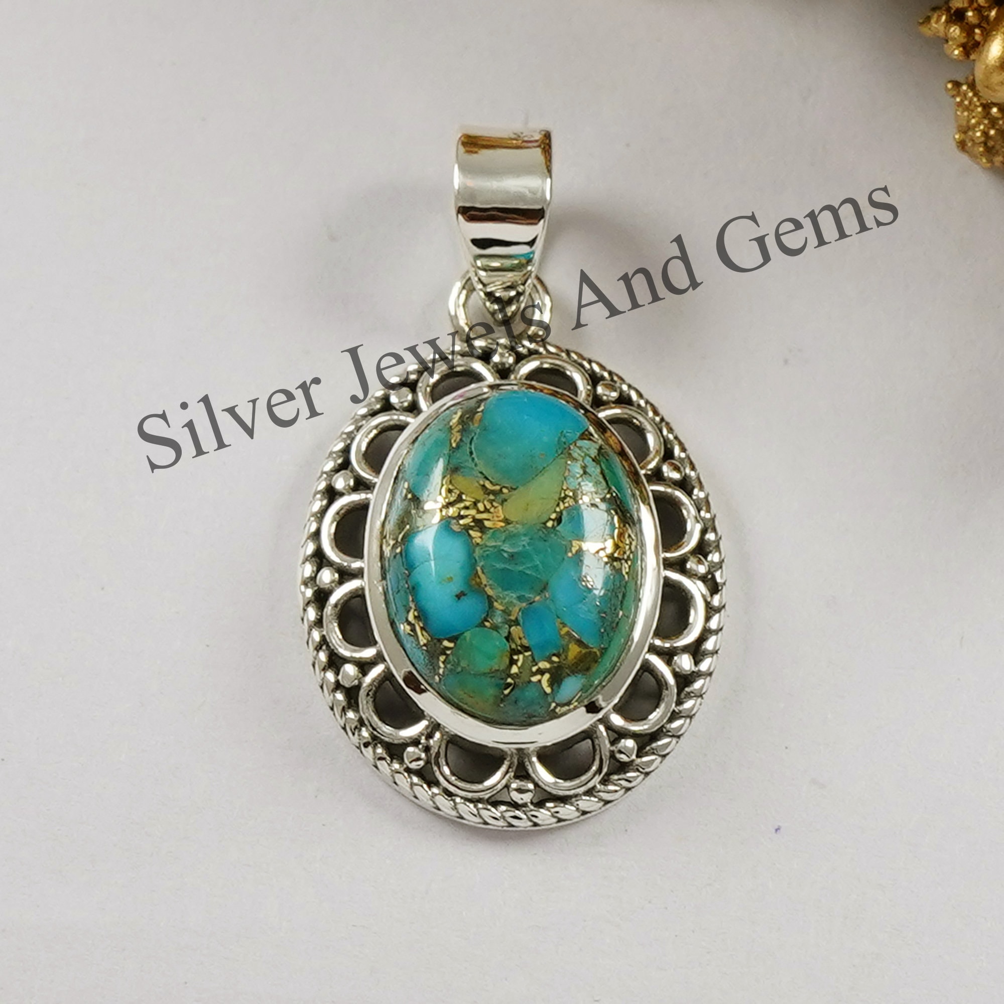 Blue Copper Turquoise Pendant, Boho Pendant, Handmade Pendant, 925 Sterling Silver Oval Gemstone Pendant, Turquoise Pendant, Gift For Her