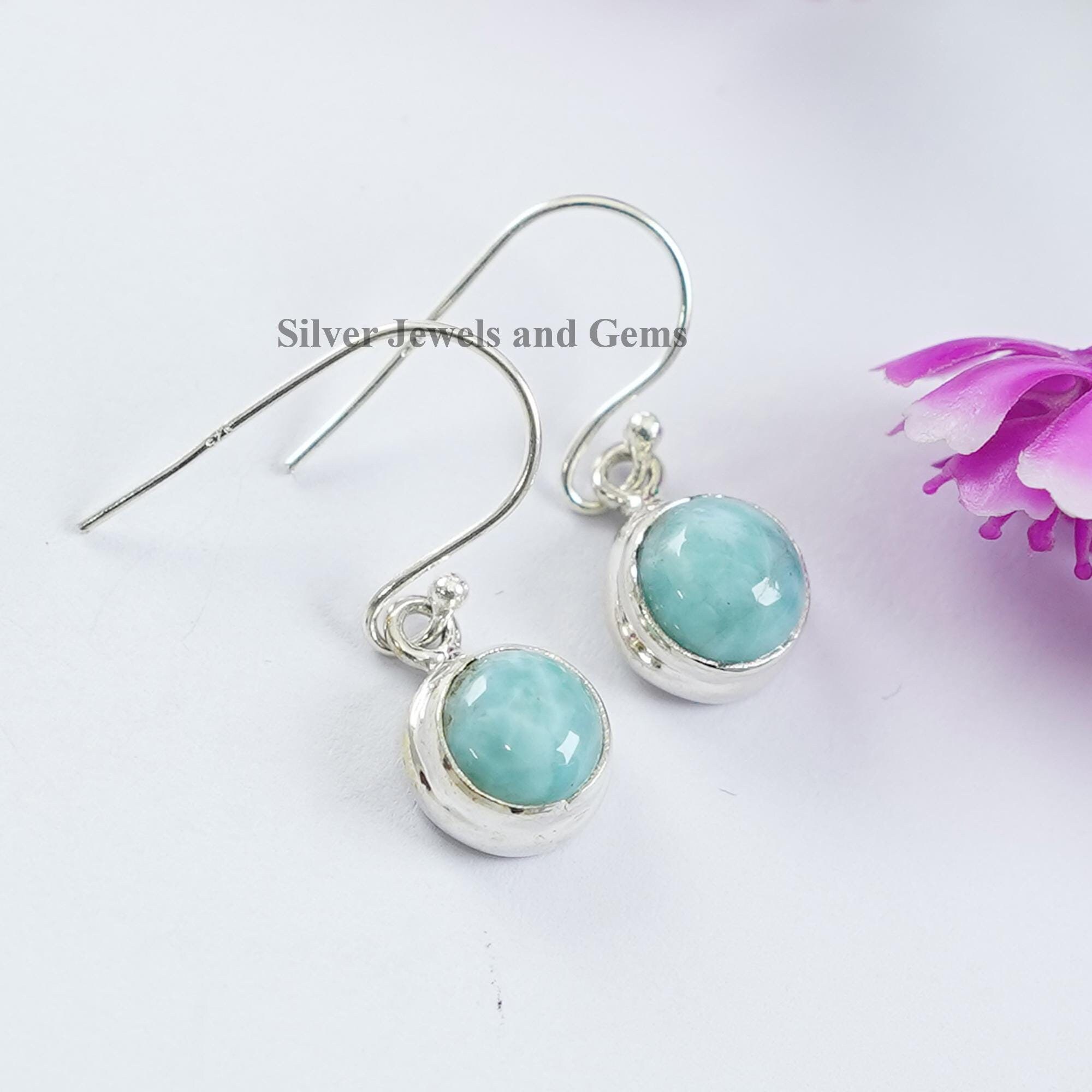 Natural Larimar Dainty Earring, Handmade Earring, 925 Sterling Silver Earring, Round Earrings, Gift for Sister, March Birthstone Earrings