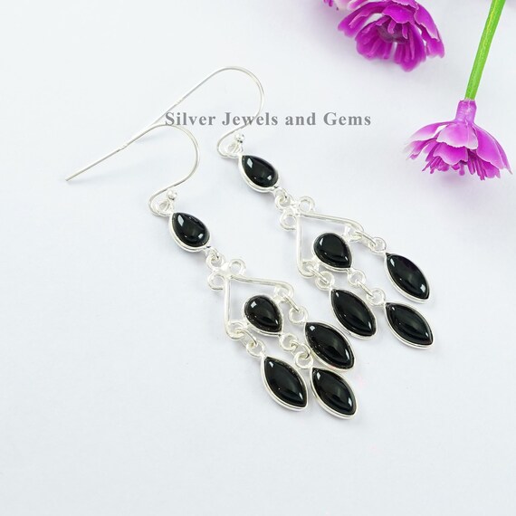Boucles D'oreilles Pendantes Argent Massif 925 Avec Onyx Noir - Élégantes, Neuf
