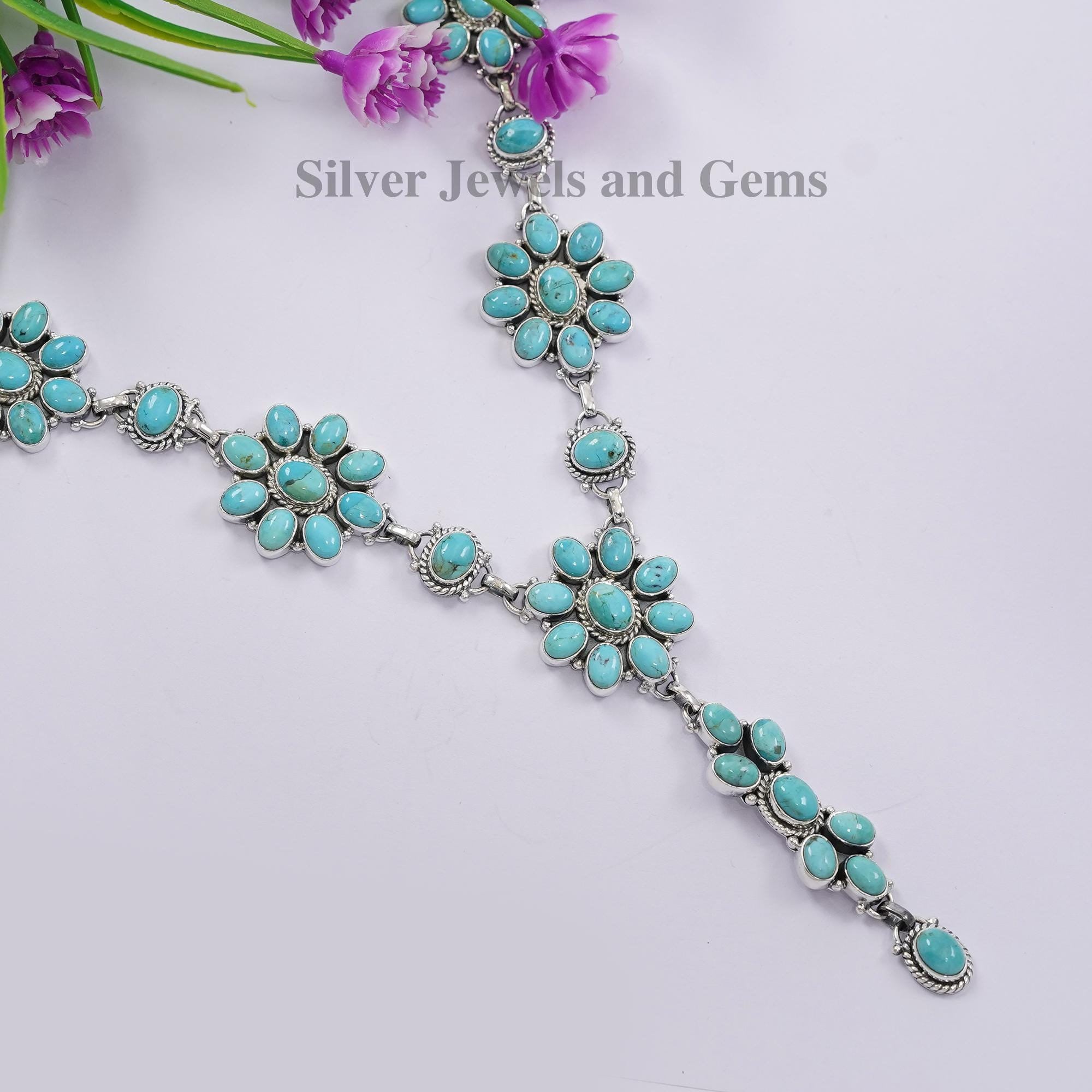 Natural Arizona Turquoise Long Necklace, Engagement Necklace, 925
