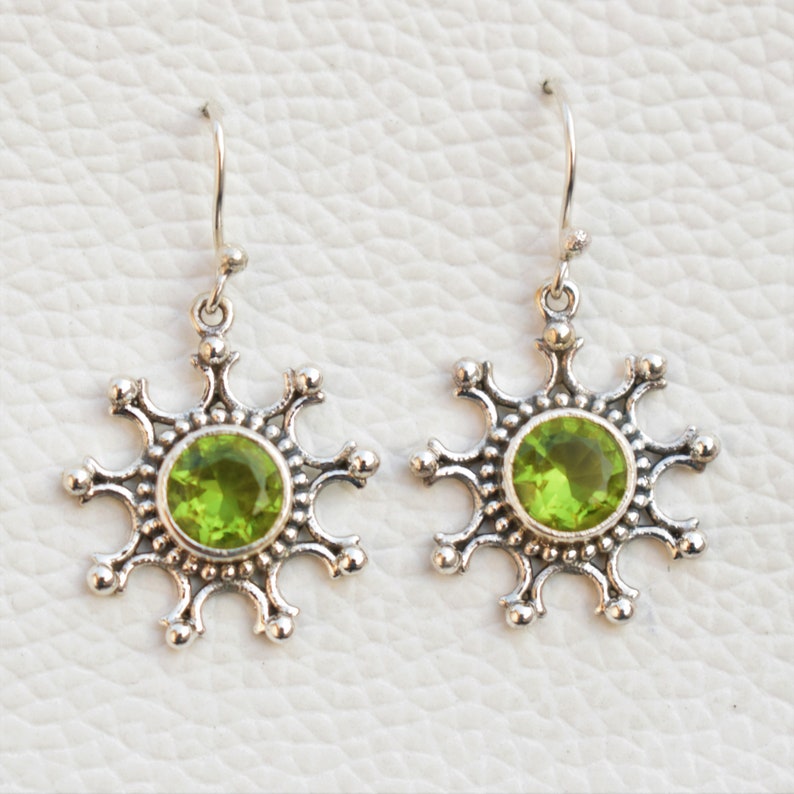 Natural Peridot Earrings-Handmade Silver Earrings-925 Sterling Silver Earrings-Round Peridot Earrings-Gift for her-Dangle Drop Earrings