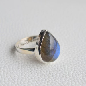 Natural Labradorite Ring-Blue Fire Labradorite Ring-Handmade Silver Ring-925 Sterling Silver Ring-Teardrop Labradorite Ring-Promise Ring image 2