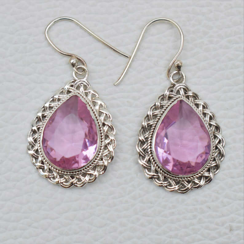 Pink Quartz Earrings-Handmade Silver Earrings-925 Sterling Silver-Teardrop Pink Quartz Designer Earrings-Dangle Drop Earrings