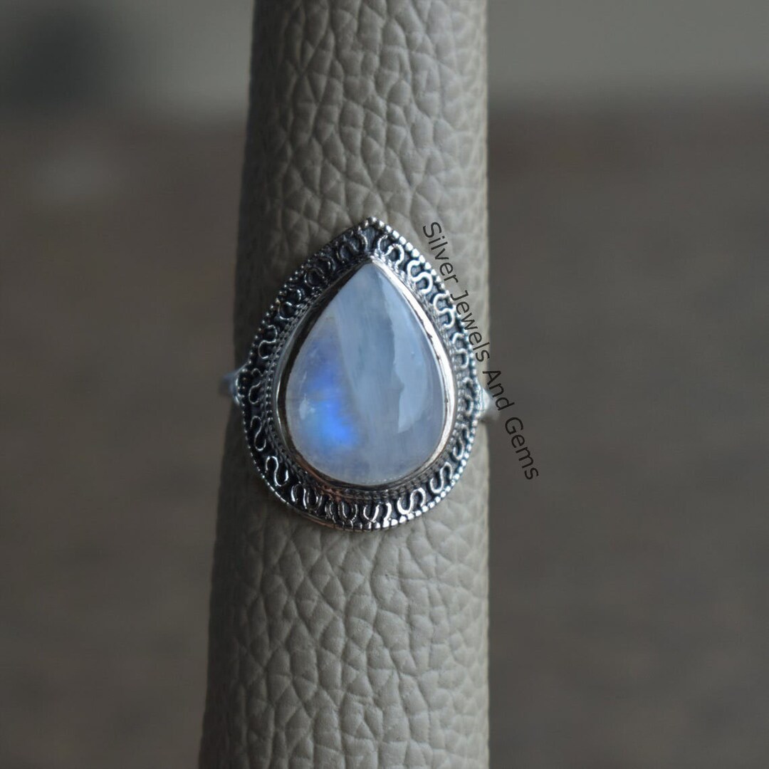 レインボームーンストーンリング、925スターリングシルバーリング 