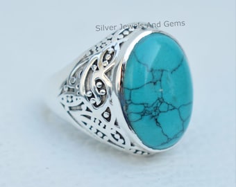 Natural Turquoise Ring, Handmade Ring, 925 Sterling Silver Oval Turquoise Designer Ring, December Birthstone Promise Ring