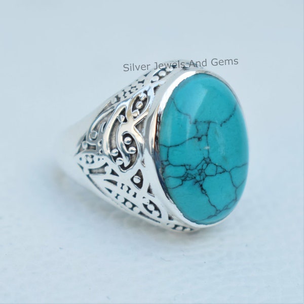 Bague en turquoise naturelle - Bague en argent faite main en argent sterling 925 - Bague de créateur ovale turquoise - Bague de promesse en pierre de naissance de décembre