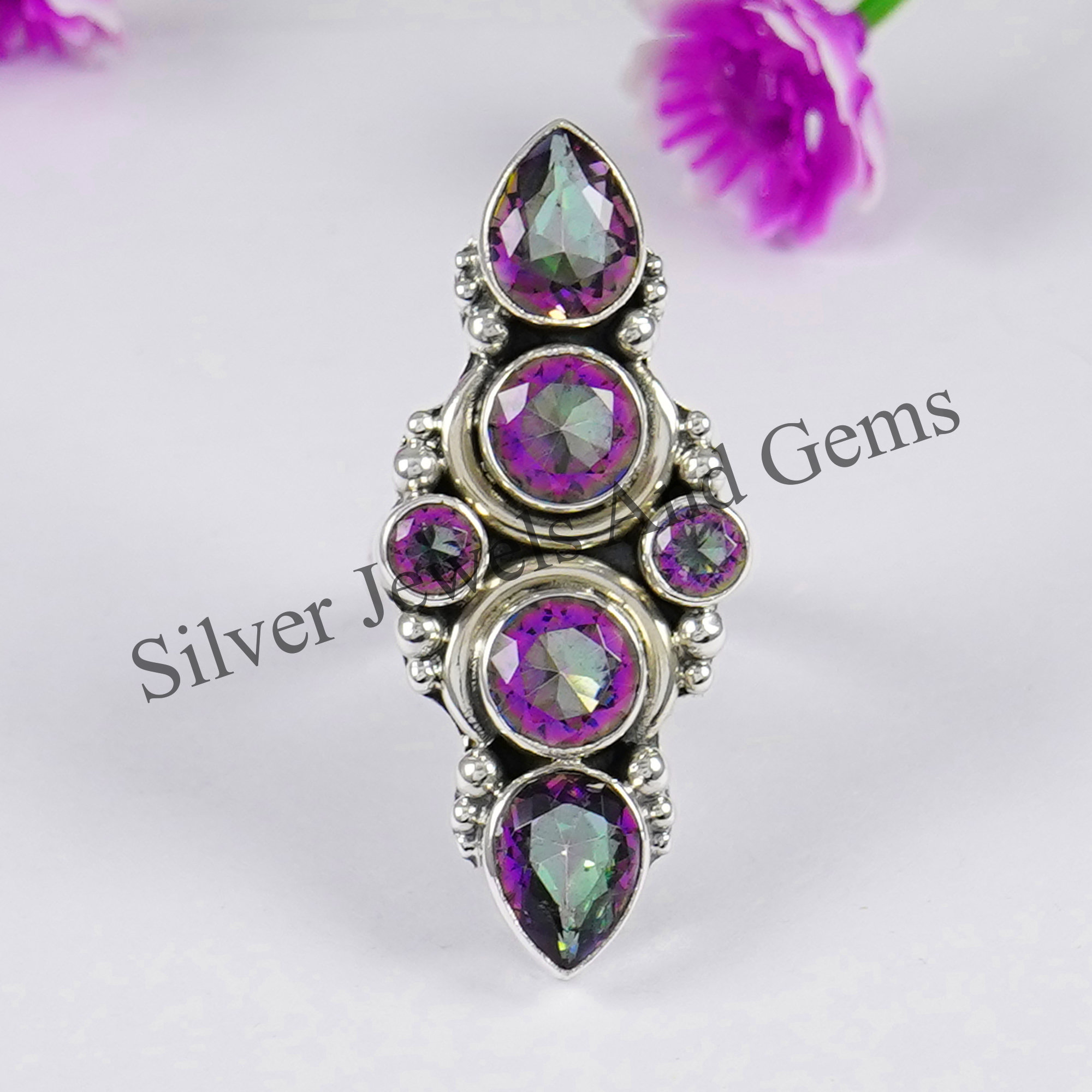 Rainbow Mystic Topaz Ring: Handmade Sterling Silver Multi Stone Ring