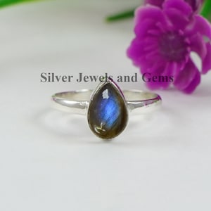 Natural Labradorite Ring, Dainty Gemstone Ring, Blue Fire Labradorite 925 Sterling Silver Ring, Teardrop Ring, Stackable Ring, Birthday Gift