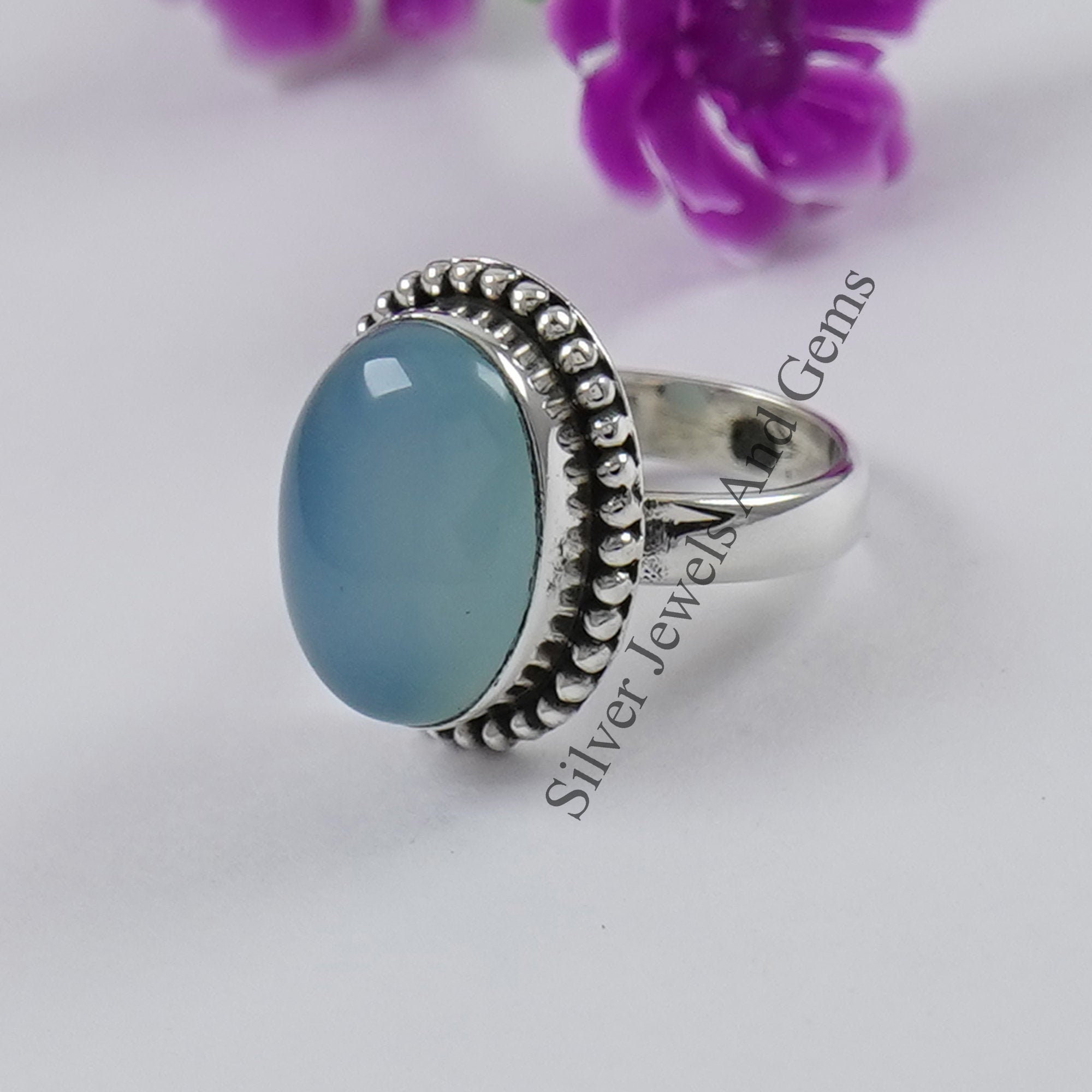 Gift for her Gemstone Ring Women Ring,Beautiful Ring 925 Silver Ring Oval Shape Ring Blue Chalcedony Ring Designer Ring Handmade Ring