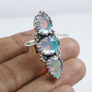 Angel Aura Quartz Ring, Multi Stone Ring, Oval Teardrop Quartz Ring, 925 Sterling Silver Ring, Gift for Girls, Gemstone Ring, Birthday Ring