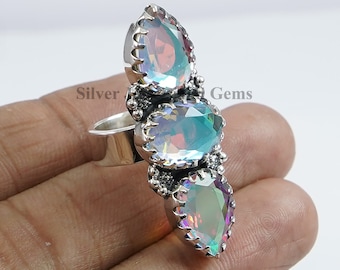 Angel Aura Quartz Ring, Multi Stone Ring, Oval Teardrop Quartz Ring, 925 Sterling Silver Ring, Gift for Girls, Gemstone Ring