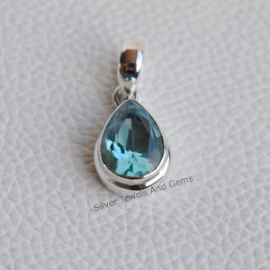 Natural Blue Topaz Pendant-Handmade Silver Pendant-925 Sterling Silver Pendant-Teardrop Blue Topaz Pendant-Gift for her-Anniversary Pendant