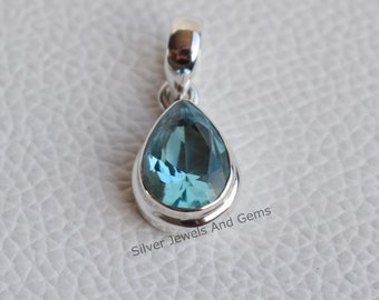 Ciondolo topazio azzurro naturale-ciondolo in argento fatto a mano-ciondolo in argento sterling 925-ciondolo topazio azzurro a goccia-regalo per il suo ciondolo-anniversario