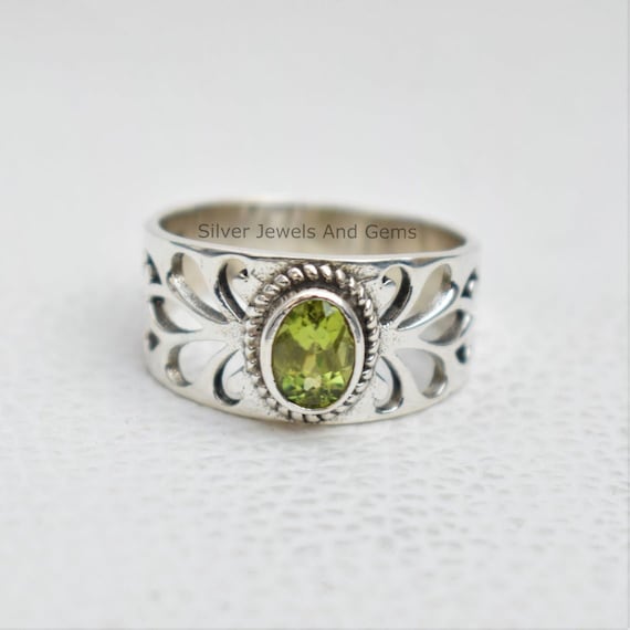 Natural Peridot Ring, Handmade Wide Band Ring, 925 Sterling Silver Ring, Oval Peridot Designer Ring, August Birthstone Ring, Promise Ring