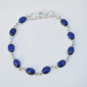 Handmade Oval Lapis Lazuli Bracelet, Solid 925 Sterling Silver Bezel Bracelet