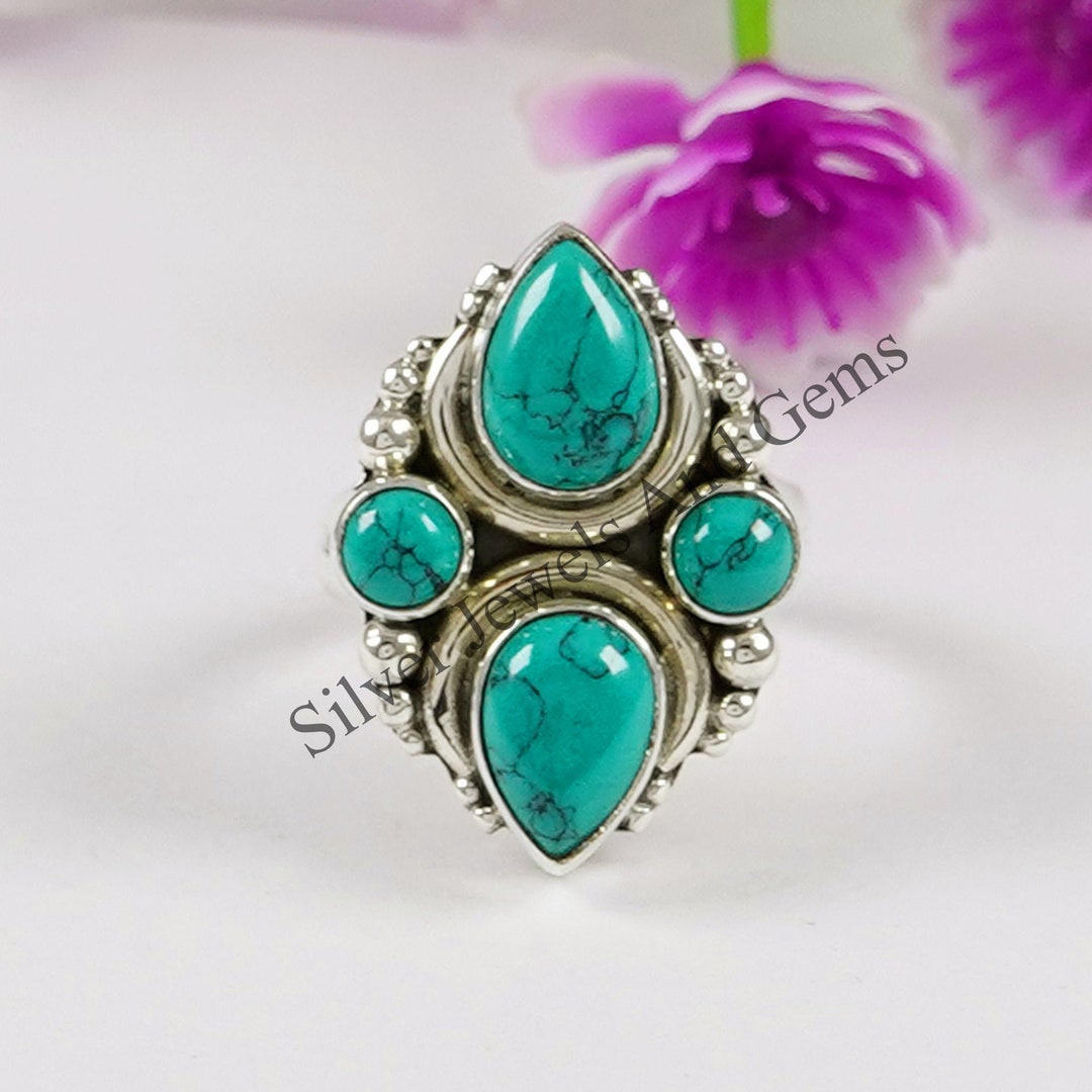 Hasdnker Türkis Ring Damen - Natürlicher Stein 11x25 Mm Vintage