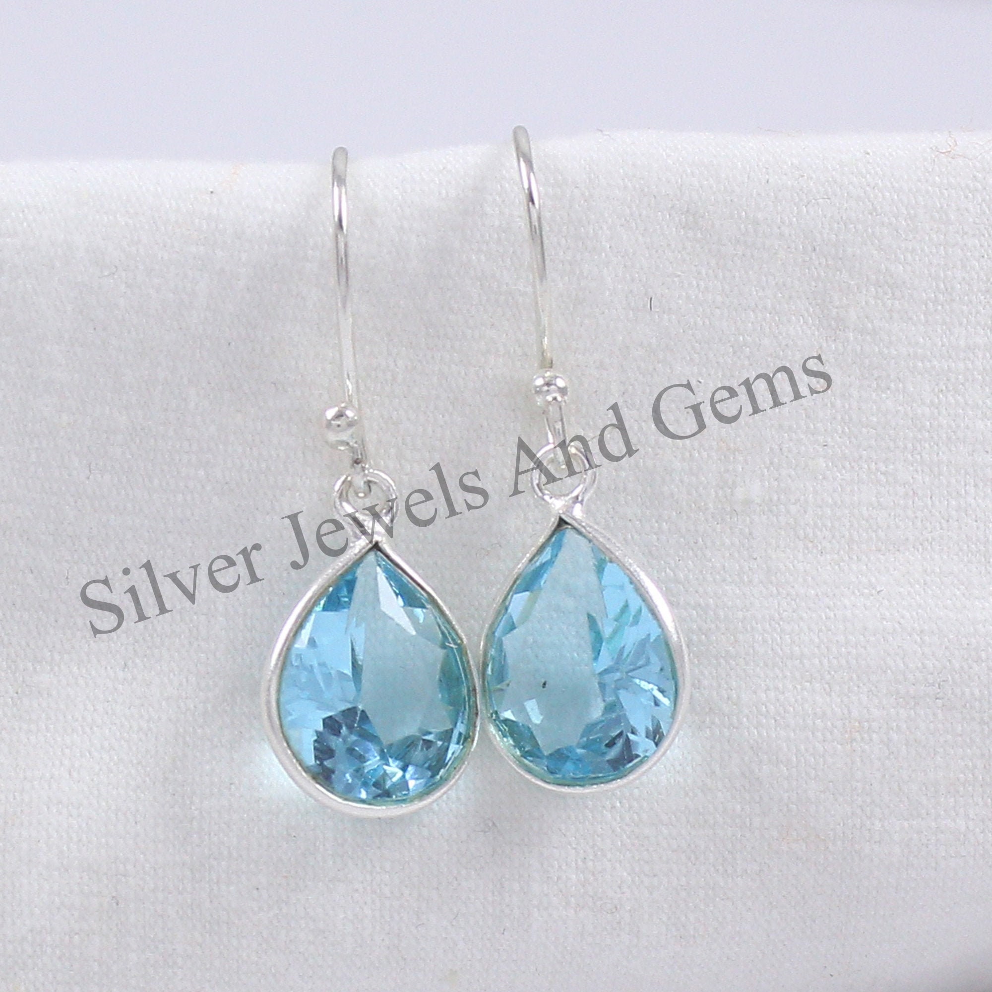Natural Blue Topaz Earrings, Handmade Earrings, 925 Sterling Silver, Teardrop Blue Topaz Earrings, Gift for her, Dangle-Drop Earrings