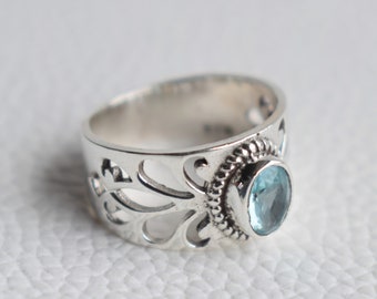 Natural Blue Topaz Ring, Handmade Silver Ring, 925 Sterling Silver Ring, Oval Topaz Designer Band Ring, December Birthstone, Birthday Ring