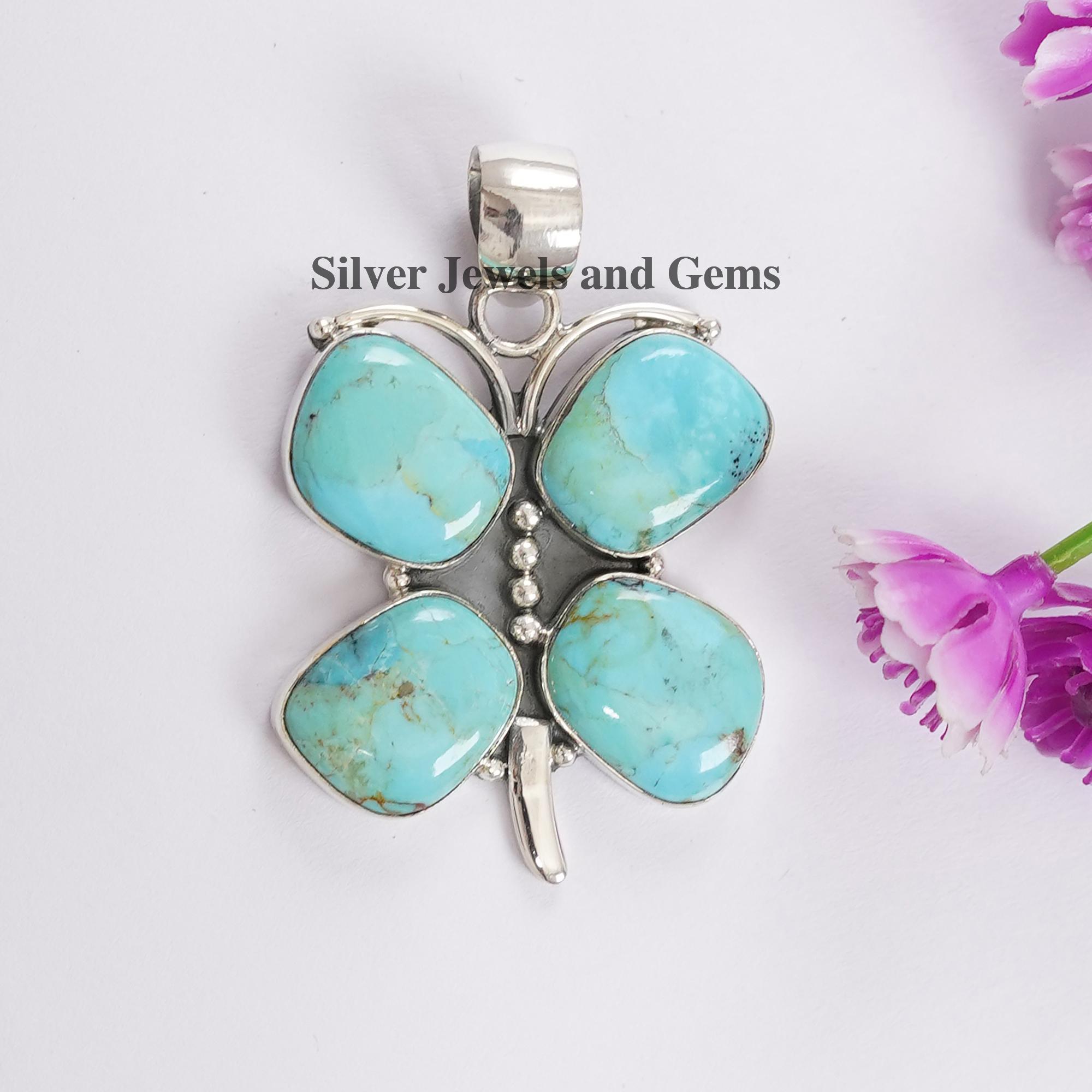 天然ターコイズバタフライペンダント、記念日ペンダント、925
