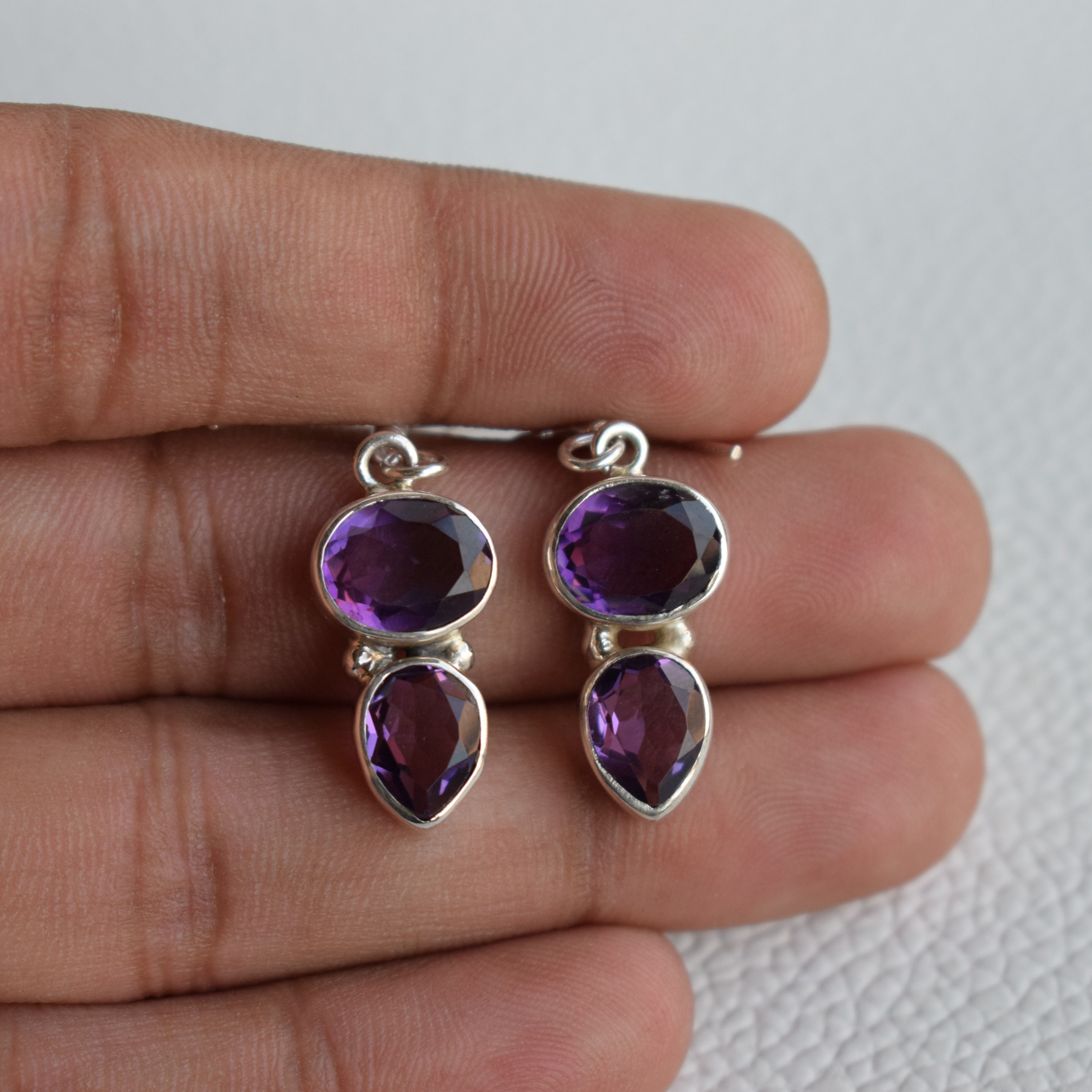 Natural Amethyst Earrings, 925 Sterling Silver Earrings, Gift for her, February Birthstone, Gemstone Earrings, Double Stone Earrings