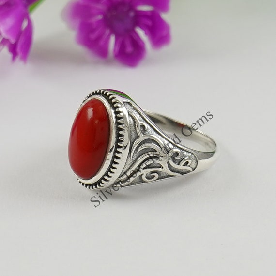 18K Red Coral Flower Ring