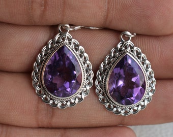 Natural Amethyst Earrings - Handmade Earrings - 925 Sterling Silver - Teardrop Amethyst Earrings - February Birthstone - Designer Earrings