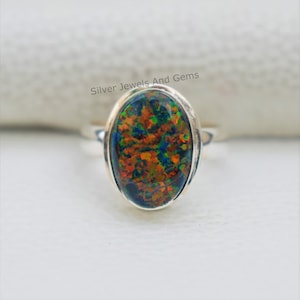 Fire Opal Ring, 925 Sterling Silver Handmade Ring, Black Blue Purple Pink Ring, Oval Ring, Birthday Gift, Black Opal Ring, Gift for Friends