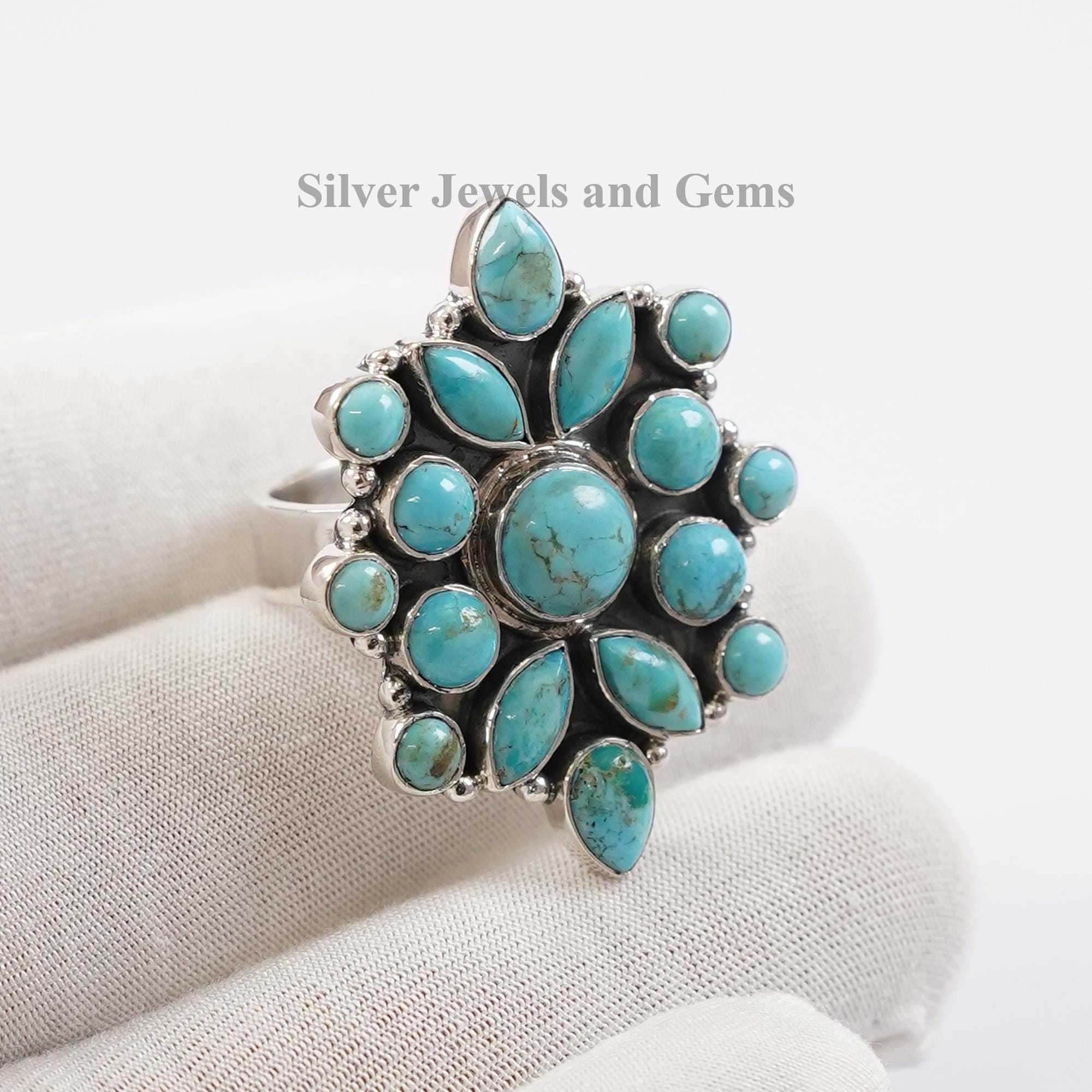Natural Turquoise Cluster Ring, Multi Stone Gemstone Ring, Gift