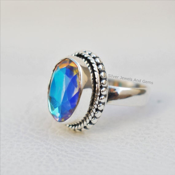 925 Sterling Silver Gift for her Ring Angel Aura Quartz Ring, Handmade Ring  US 7