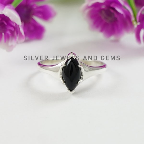 Natürlicher schwarzer Onyx Ring, Minimalist Ring, Handgemachter 925 Sterling Silber Ring, Marquise Onyx Designer Ring, Geschenk für Sie, Dezember Geburtsstein