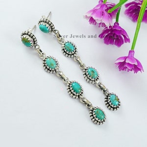 Natural Turquoise Earrings, Kingman Turquoise Earrings, 925 Sterling Silver Earrings, Gift for Her, Multi Stone Earring, Long Earrings