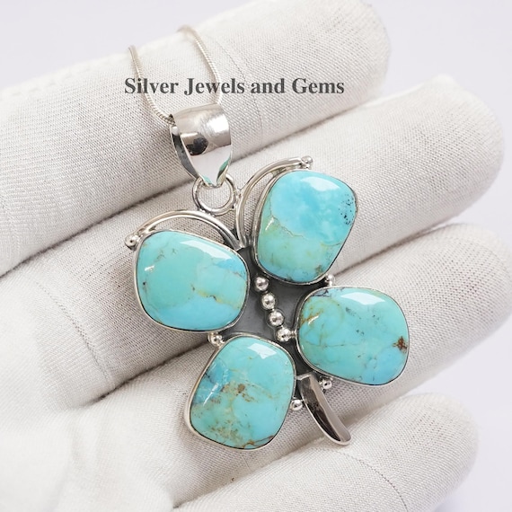 天然ターコイズバタフライペンダント、記念日ペンダント、925