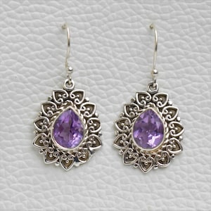 Tropfenförmige Amethyst Ohrringe: Sterling Silber Boho Ohrring, Februar Geburtsstein