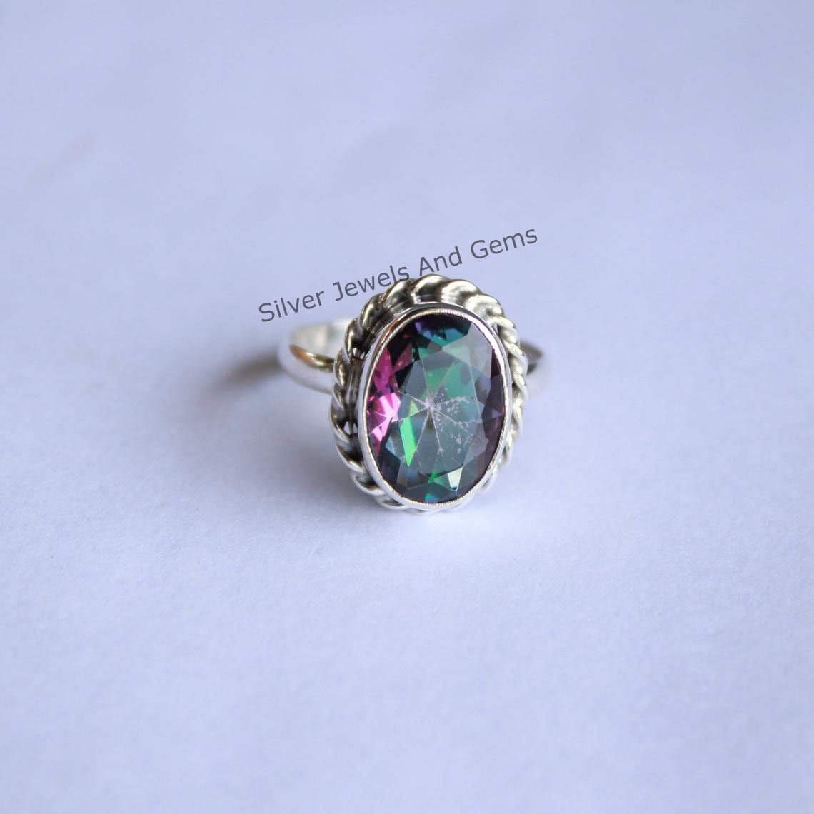Anillo De Plata De Ley 925 Con Topacio Místico Ovalado Y Diamante CZ