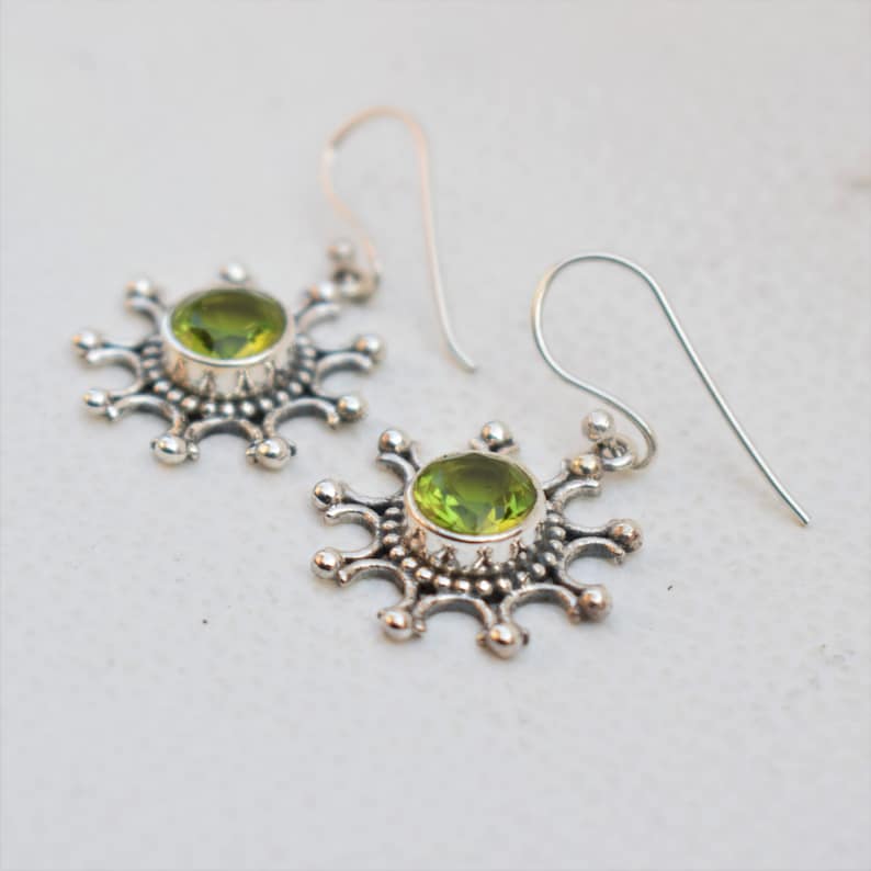 Natural Peridot Earrings-Handmade Silver Earrings-925 Sterling Silver Earrings-Round Peridot Earrings-Gift for her-Dangle Drop Earrings