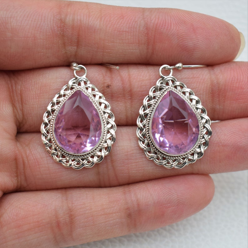 Pink Quartz Earrings-Handmade Silver Earrings-925 Sterling Silver-Teardrop Pink Quartz Designer Earrings-Dangle Drop Earrings