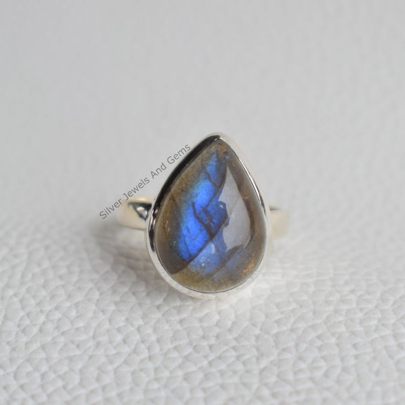 Natural Labradorite Ring-Blue Fire Labradorite Ring-Handmade Silver Ring-925 Sterling Silver Ring-Teardrop Labradorite Ring-Promise Ring image 1