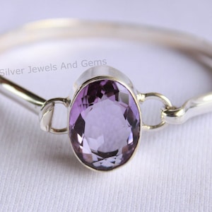 Natural Amethyst Cuff Bracelet-Handmade Bracelet-925 Sterling Silver Oval Amethyst  Bracelet-February Birthstone-Open and Close Bangle